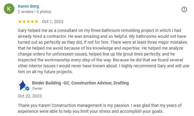 BinderBuilding.com and GaryBinder.com Letter of reference for construction and building as an owners representative